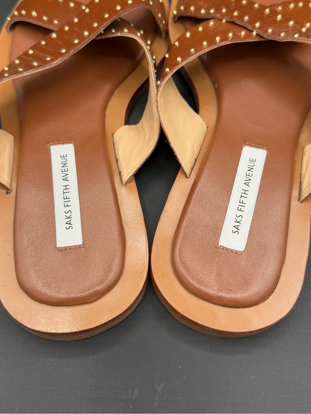 Saks Fifth Avenue Studded Leather Slide Sandals Cognac Boho Luxe 8.5